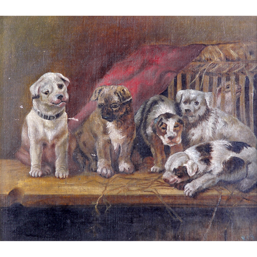 Appraisal: American oil on canvas of puppies at play in period