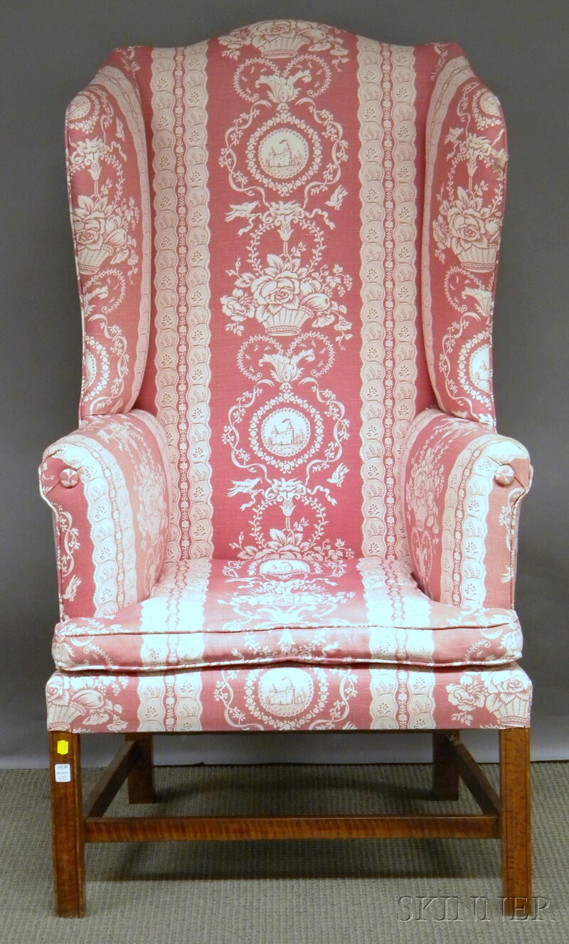 Appraisal: Chippendale-style Upholstered Tiger Maple Wing Chair