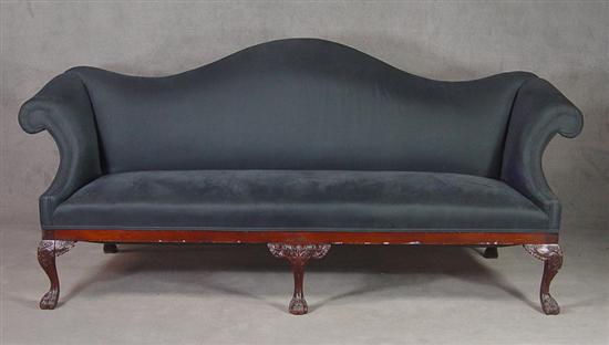 Appraisal: Chippendale Style Camel Back Sofa th Century Carved cabriole legs