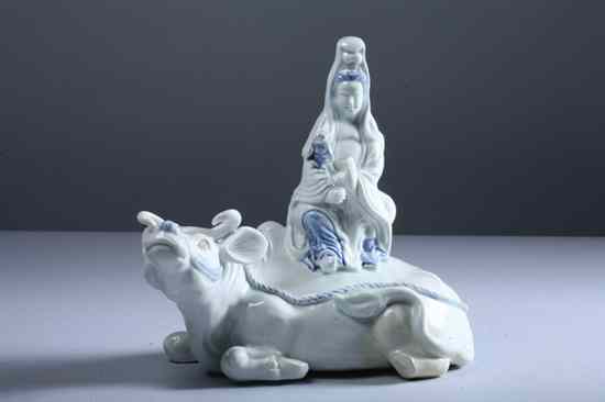 Appraisal: JAPANESE HIRADO BLUE AND WHITE PORCELAIN FIGURE OF KANNON AND