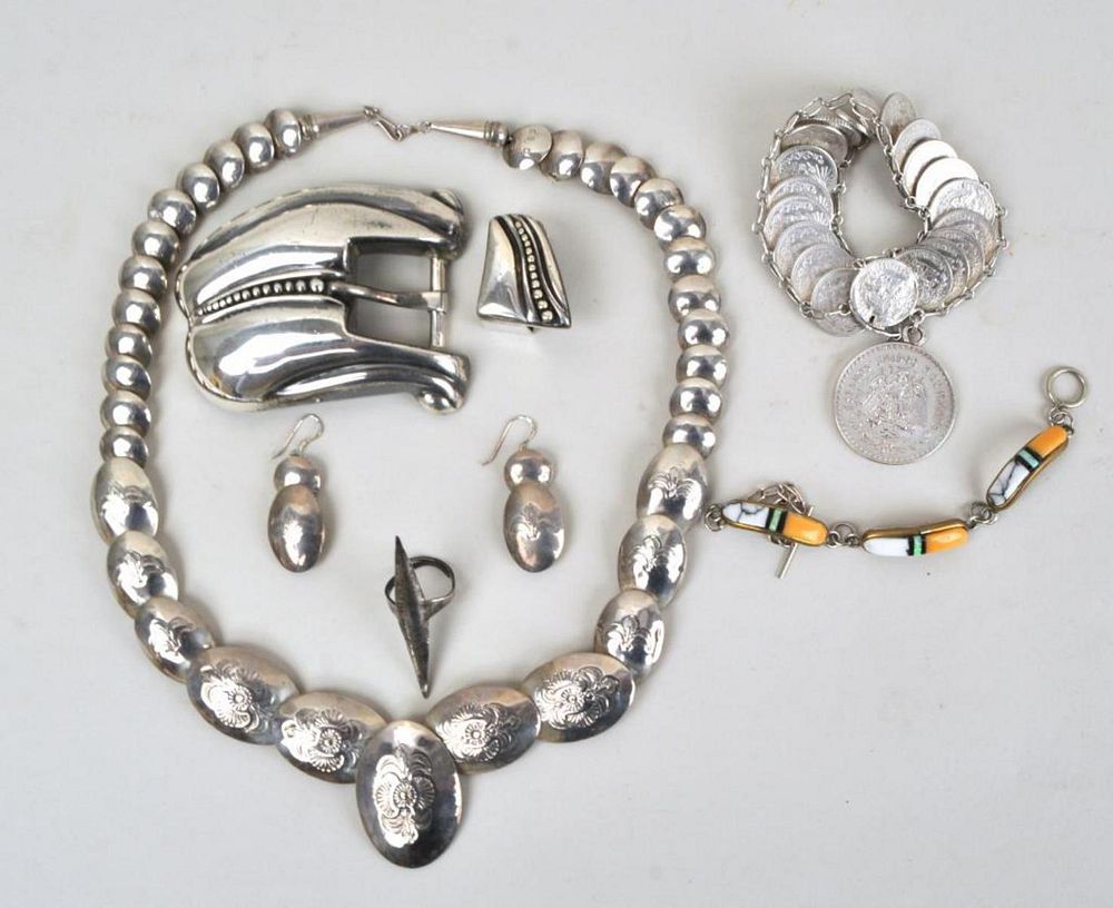 Appraisal: Group Silver Native American Mexican Jewelry comprising stamped necklace and