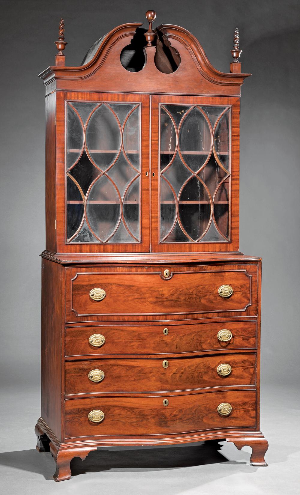 Appraisal: Antique American Federal-Style Mahogany Secretary Bookcase broken arch cornice flame