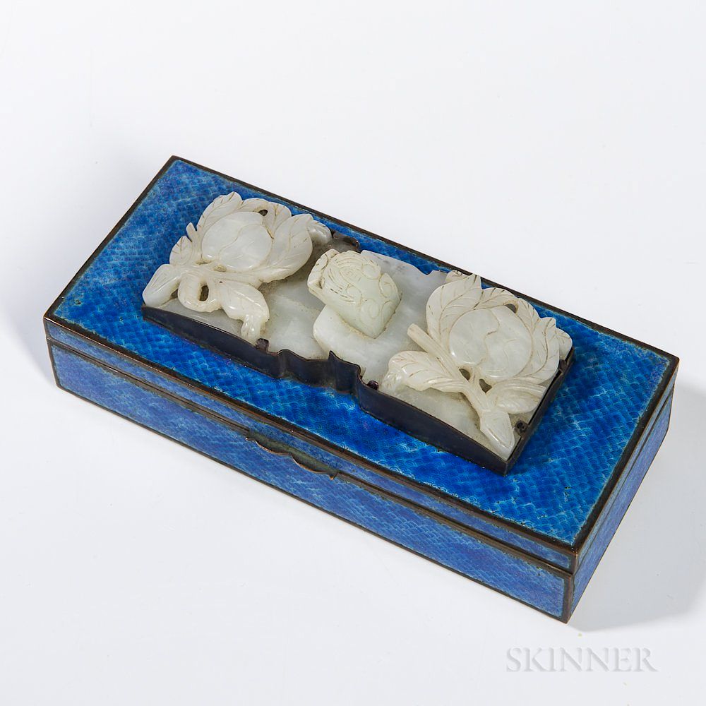 Appraisal: Jade Belt Buckle on Blue-enameled Metal Box Jade Belt Buckle