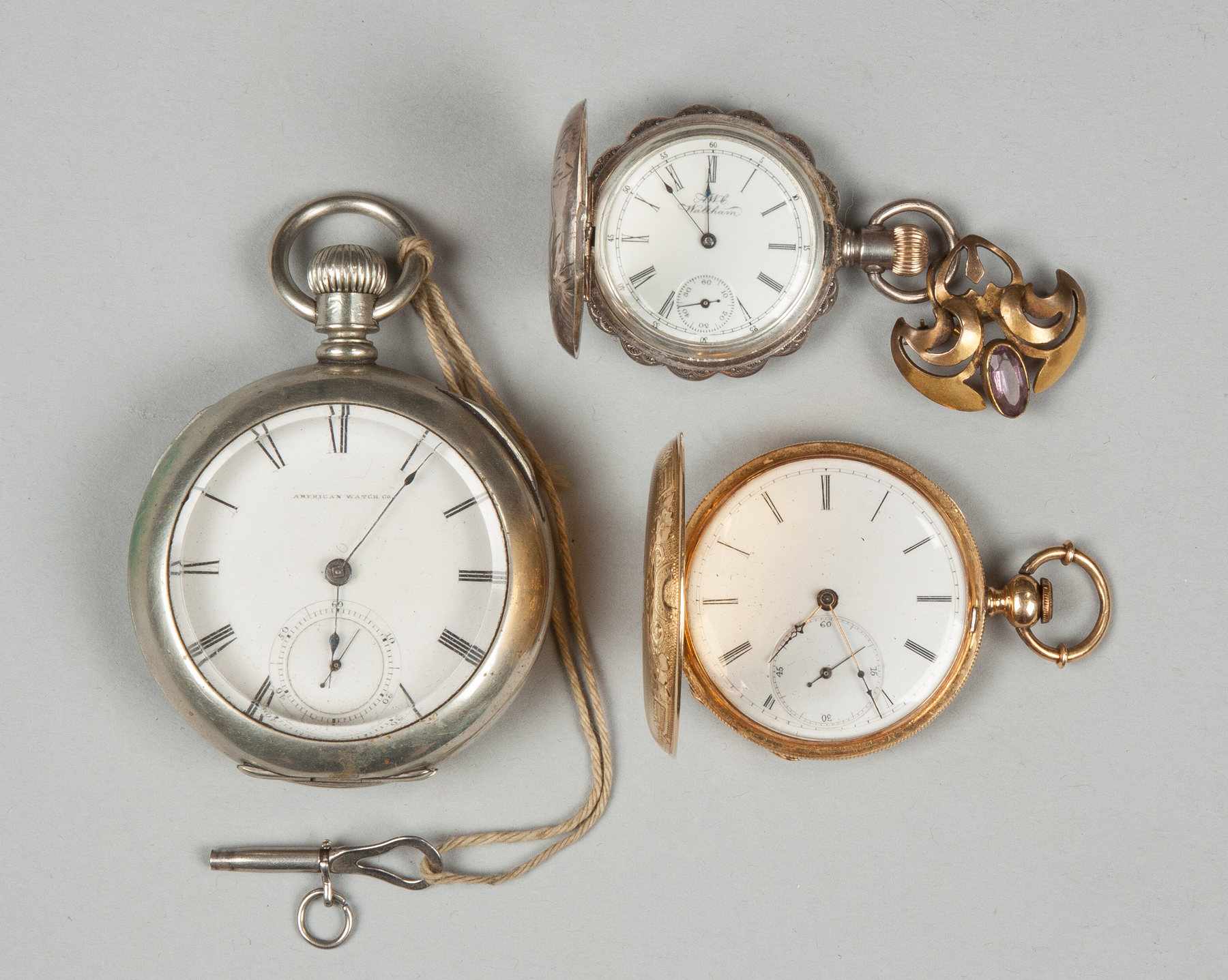 Appraisal: Three Pocket Watches American Watch Co Dia AWC Waltham coin