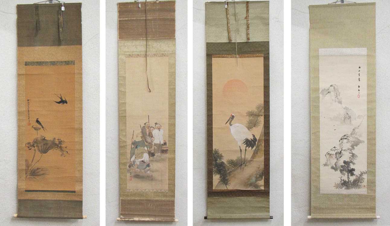 Appraisal: FOUR CHINESE SCROLLS HAND PAINTED ON SILK Two scrolls depicting