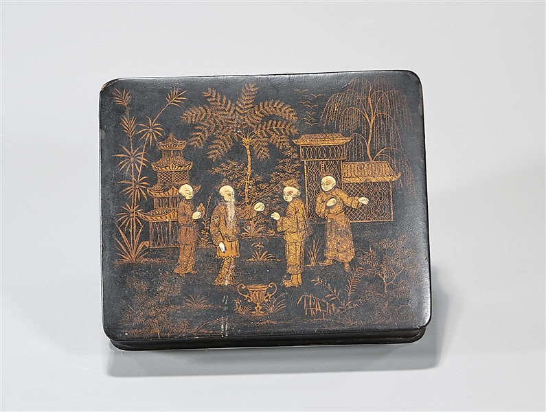 Appraisal: Chinese gilt painted lacquered wood box depicting figures in a