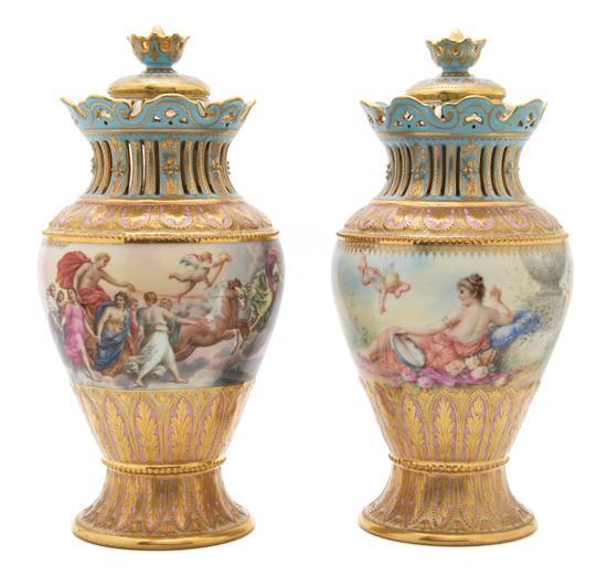 Appraisal: Pair of Royal Vienna Style Lidded Vases each of baluster