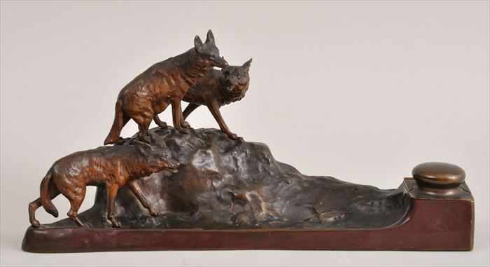 Appraisal: GERMAN BRONZE ANIMALIER INK STAND Modeled as three wolves on