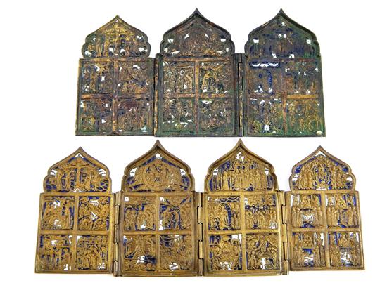 Appraisal: Two late th C Russian portable folding bronze icons with