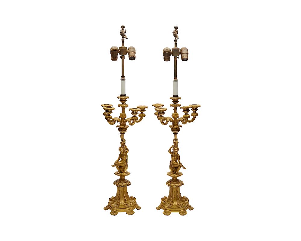 Appraisal: Pair of Continental Gilt Bronze Five Light Figural Candelabra mounted