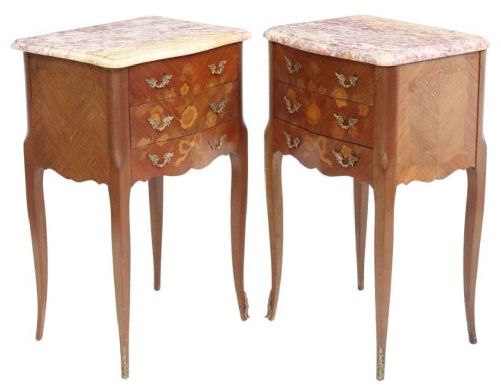 Appraisal: LOUIS XV STYLE MARBLE-TOP MARQUETRY NIGHTSTANDS pair French Louis XV