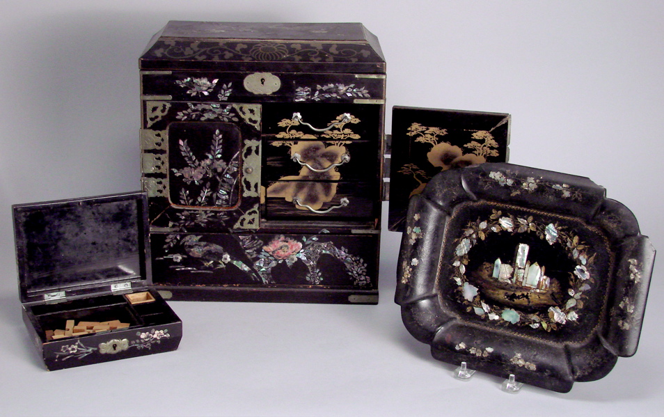 Appraisal: TWO BOXES AND A TRAY th century Oriental lacquer jewelry