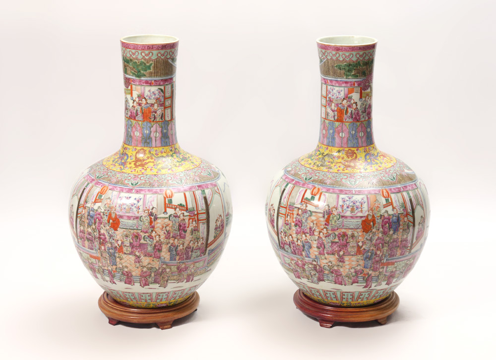 Appraisal: PAIR CHINESE FAMILLE MANDARIN ROSE FLOOR VASES Incised and polychrome