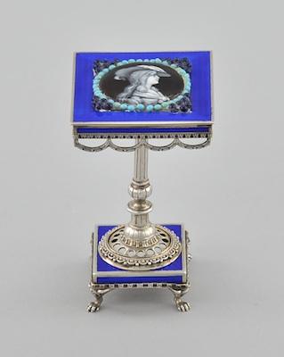 Appraisal: A French Portrait Enamel Miniature Pedestal Table Guilloche and Sterling