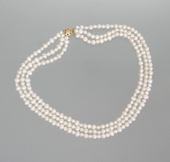 Appraisal: A Delicate Three Strand Pearl Necklace k yellow gold round