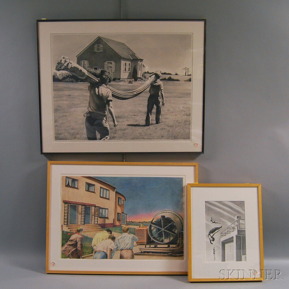 Appraisal: Three Framed Marilyn Murphy Drawings th century Wind Machine Pipe