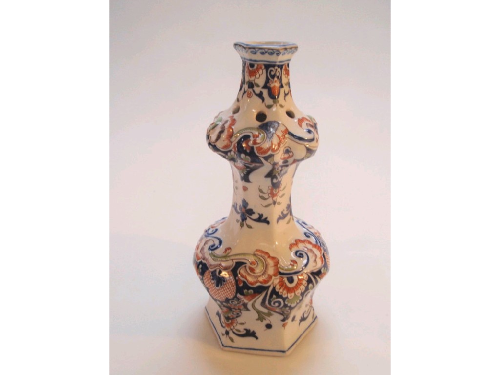 Appraisal: A Dutch Delft tulip vase of double gorge shape polychrome