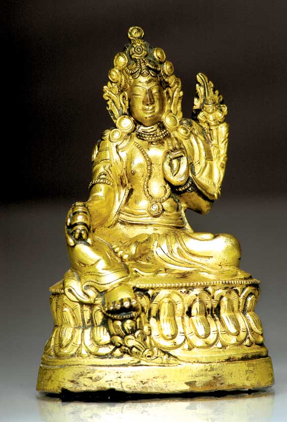 Appraisal: ANTIQUE SINO-TIBETAN GILT BRONZE Small th Century Sino-Tibetan Buddhist gilt