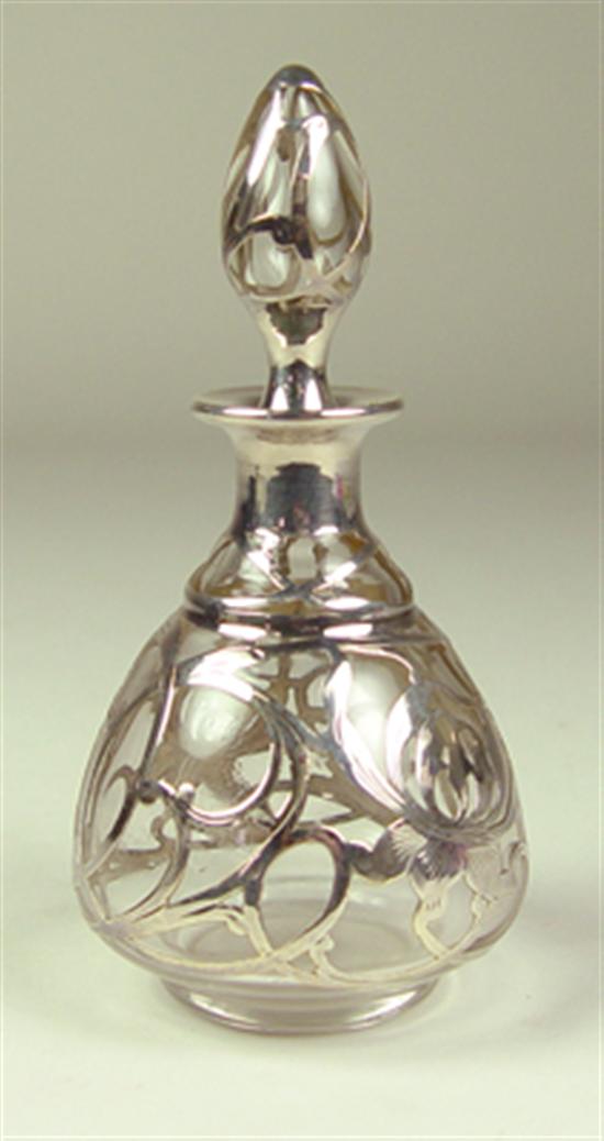 Appraisal: Sterling Overlay Glass Perfume Bottle Colorless glass bottle Monogrammed cartouche