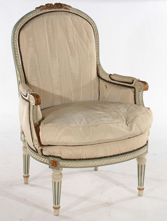 Appraisal: FRENCH LOUIS XVI STYLE BERGERE CHAIR C A French carved