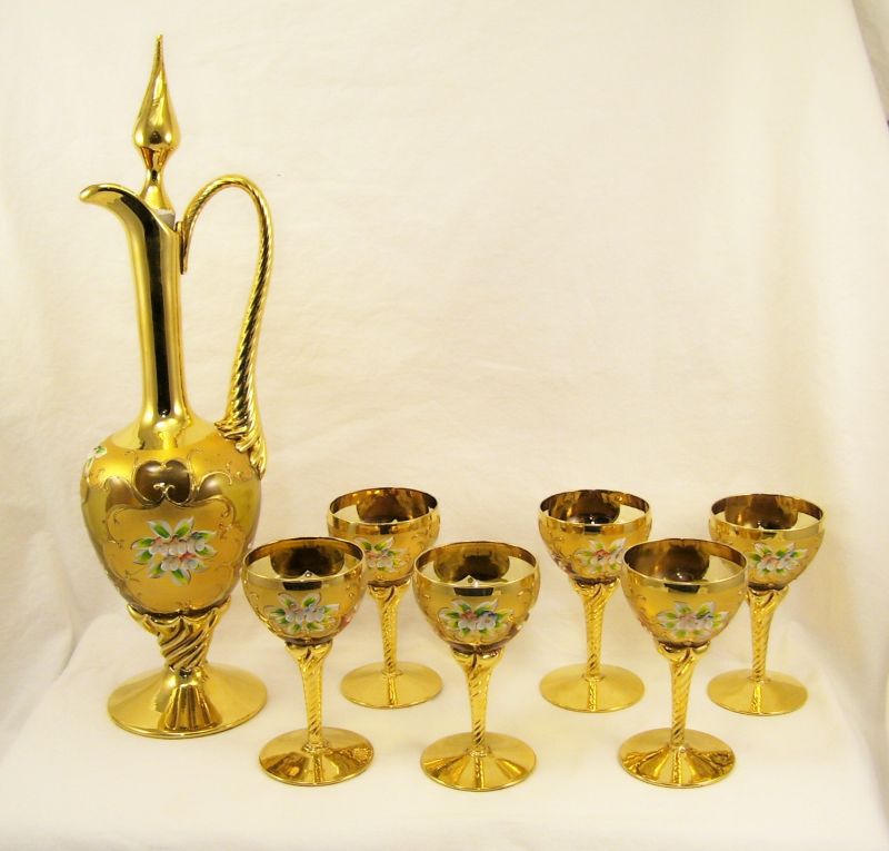 Appraisal: Amber Enameled Wine Decanter Goblets Murano style Italian glass decanter