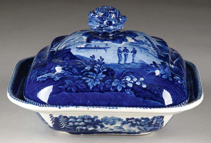 Appraisal: EARLY SQUARE BLUE STAFFORDSHIRE COVERED VEGETABLE DISH Titled on bottom