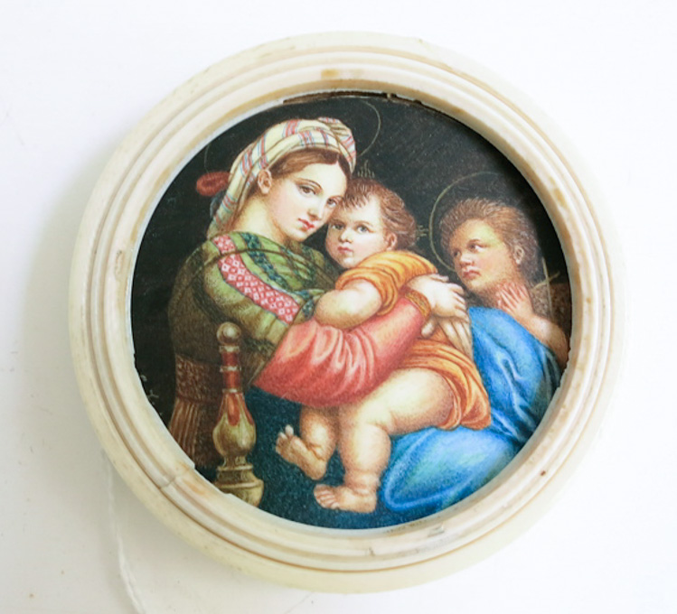 Appraisal: FRAMED MINIATURE RELIGIOUS PORTRAIT of Madonna with Child and John