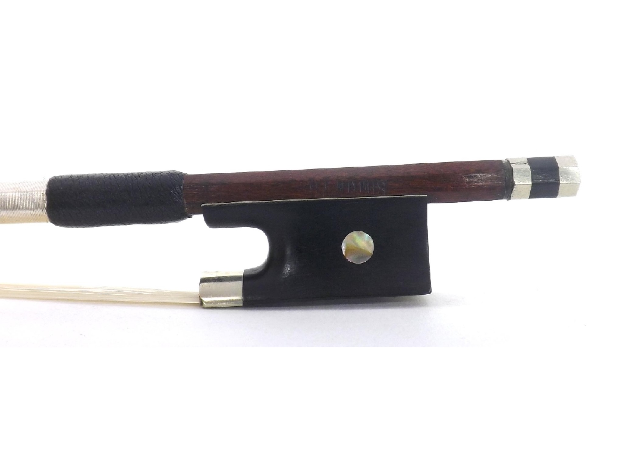 Appraisal: Silver mounted violin bow stamped Simon the stick round the