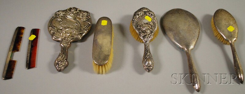 Appraisal: Seven Sterling Silver-mounted Dresser Items four with hammered finish two