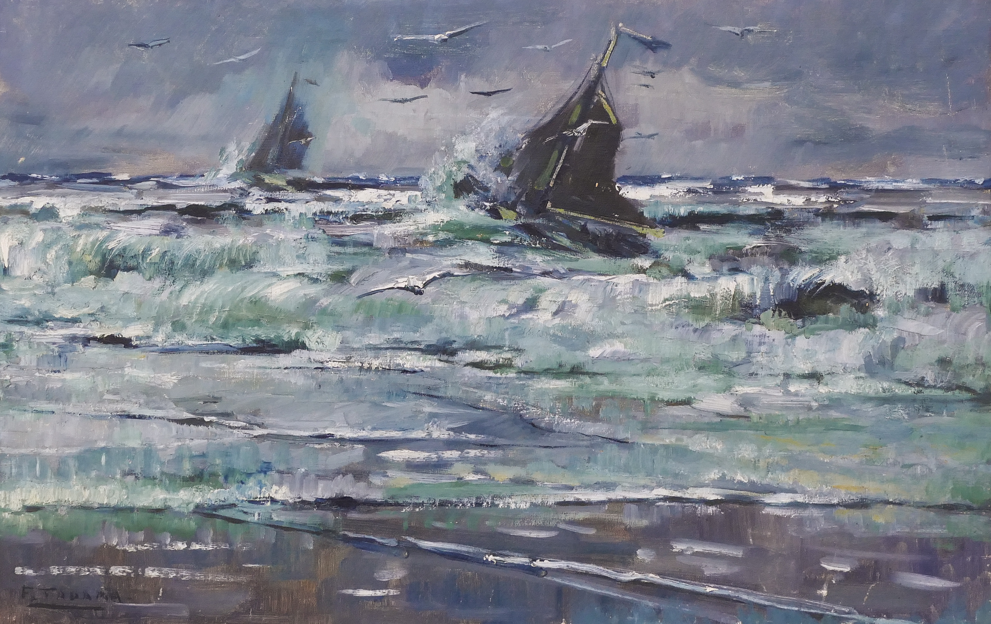 Appraisal: Fokko Tadama - Washington ''Fishing Vessels Rough Seas'' Oil on