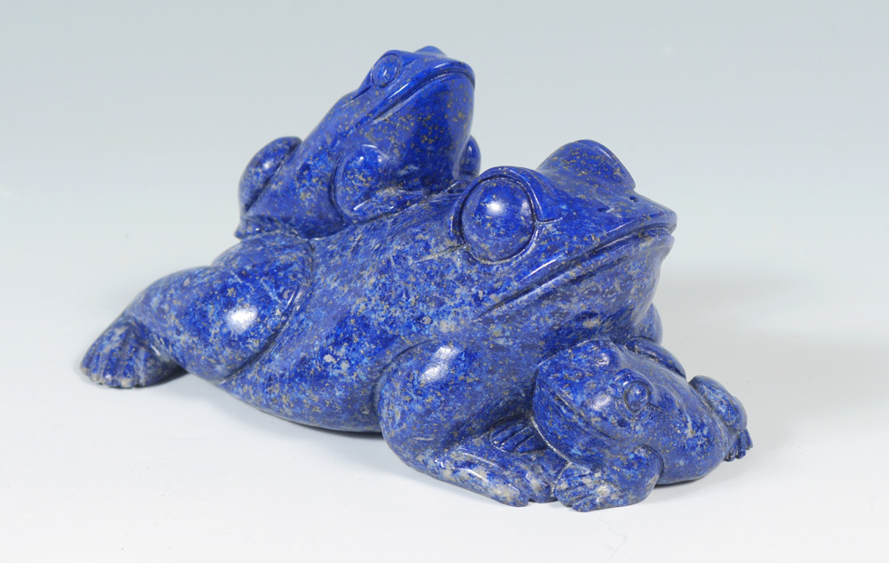 Appraisal: CARVED LAPIS FIGURAL FROG GROUP Figures of carved frogs overall