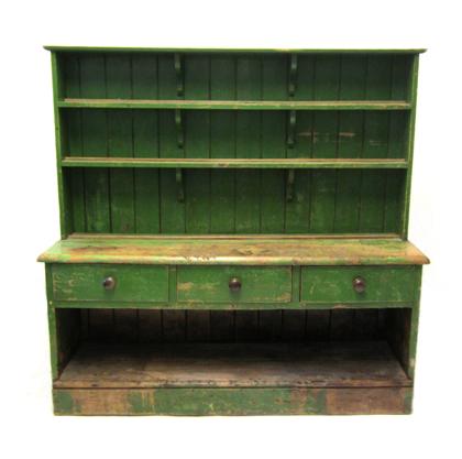 Appraisal: Green painted open stepback cupboard th century