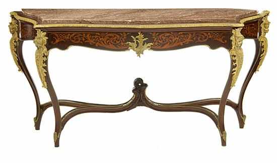 Appraisal: Louis XV style bronze-mounted inlaid mahogany and marbletop console table