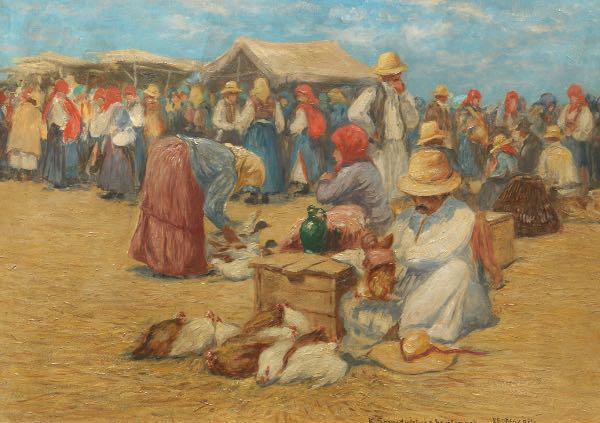 Appraisal: BELA ERDOSSY HUNGARIAN - x Village market with chickens Oil