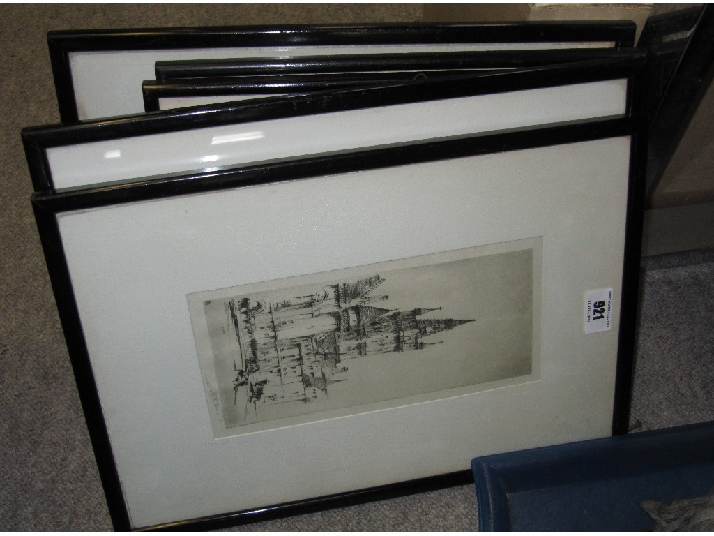 Appraisal: Five framed etchings