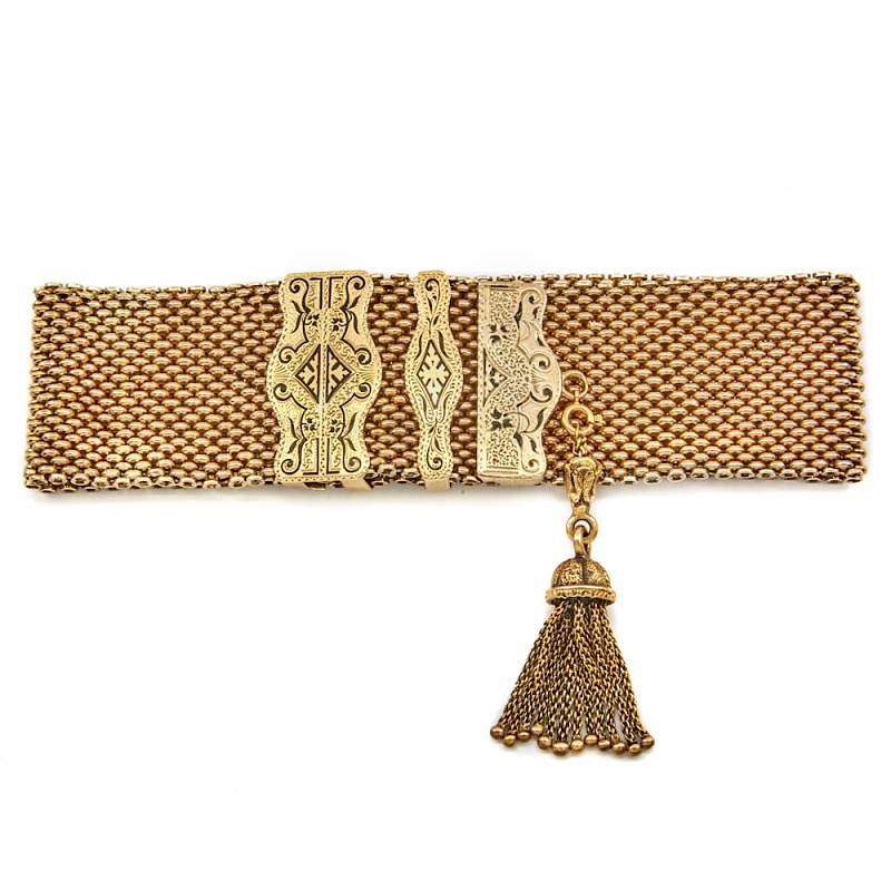 Appraisal: k Yellow gold wide Victorian slide bracelet with tassel k