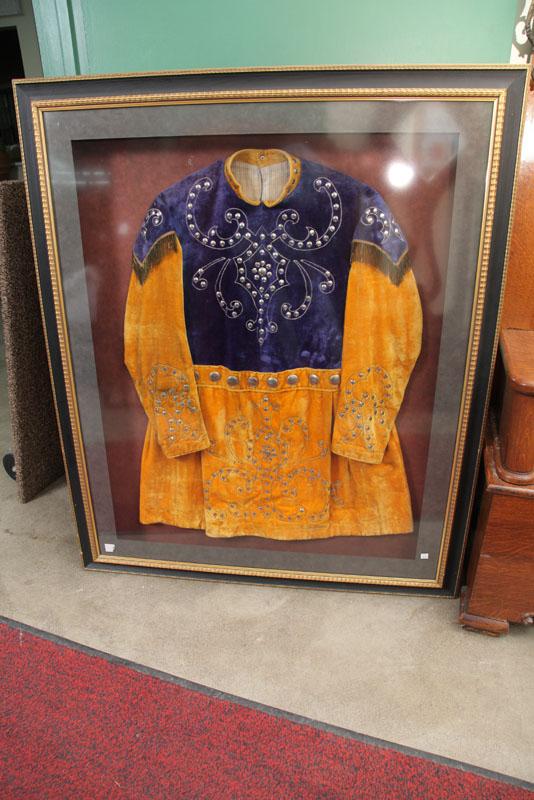 Appraisal: FRAMED LODGE OR THEATRICAL COSTUME Blue and yellow velvet with