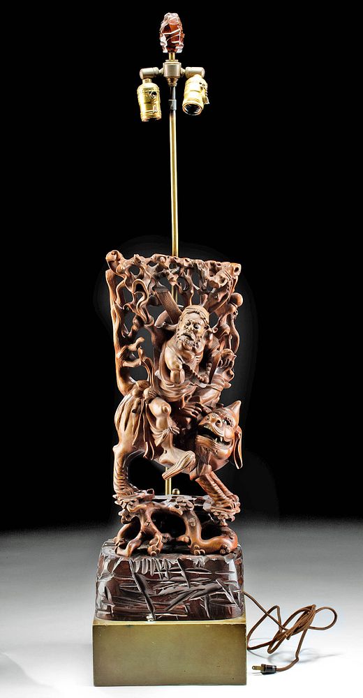 Appraisal: Vintage Chinese Wood Brass Lamp w Man Riding Dragon East