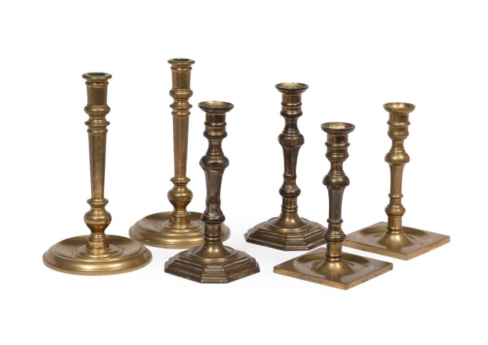 Appraisal: Three Pairs of Georgian-Style Bell Metal Candlesticks tallest h in