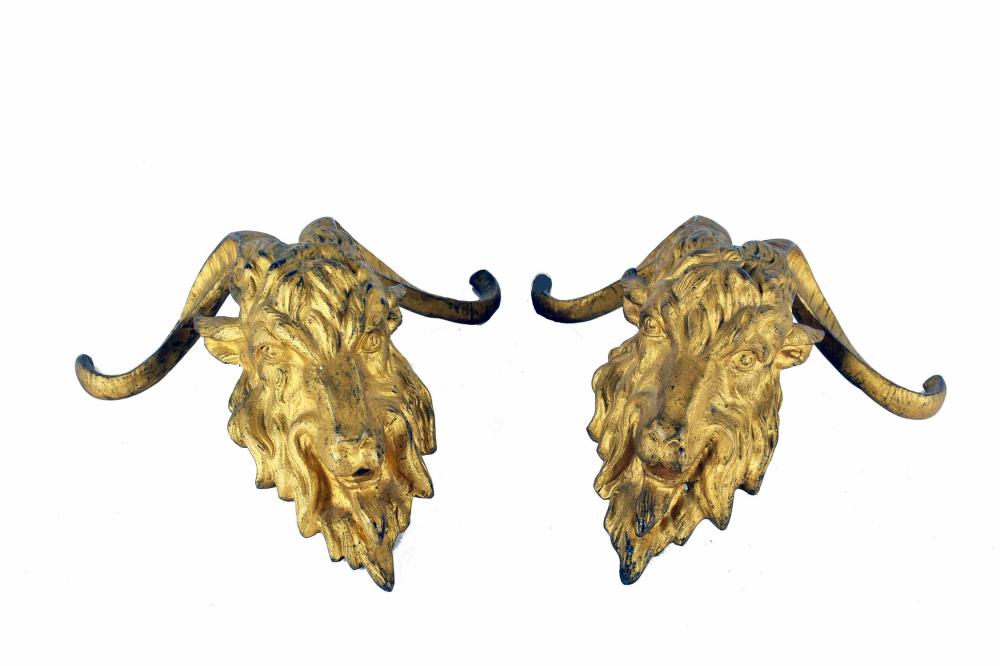 Appraisal: PAIR OF GILT BRONZE RAM'S HEAD MOUNTS th Century Unmarked