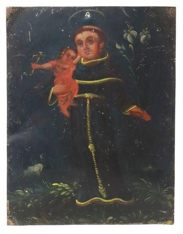 Appraisal: Unframed oil on tin retablo San Antonio de Padua Saint