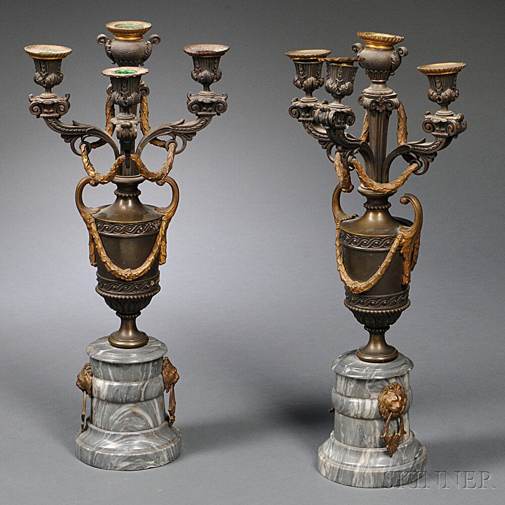 Appraisal: Pair of Louis XVI-style Four-light Marble and Bronze Candelabra late