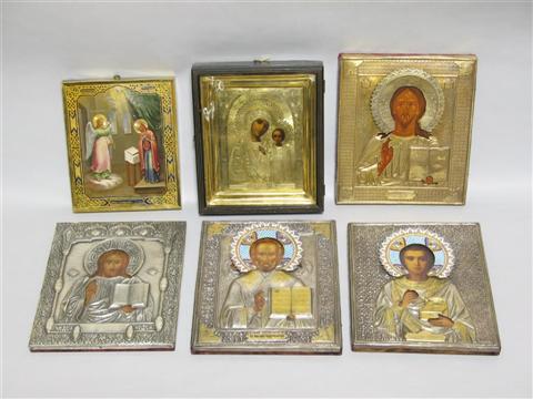 Appraisal: COLLECTION OF SIX RUSSIAN ICONS Including two with parcel-gilded and