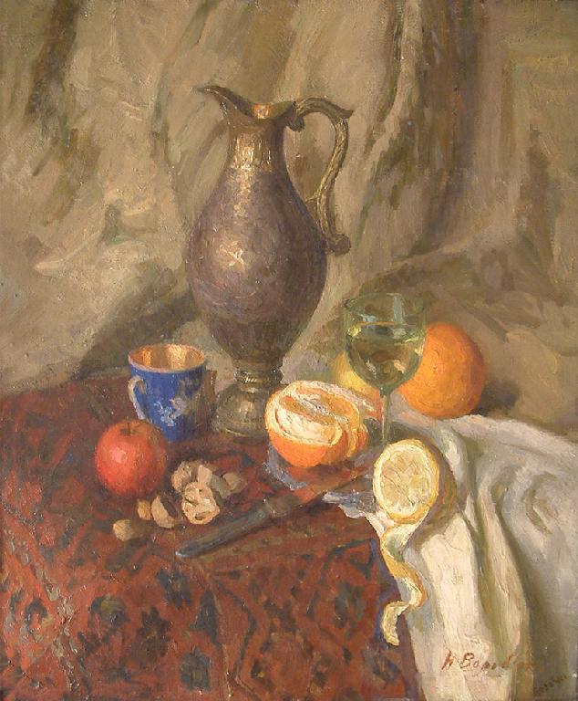 Appraisal: HELENA VOROBEVA Pewter Jug and Fruit signed and dated oil