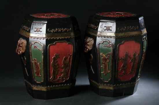 Appraisal: PAIR CHINESE POLYCHROME WOOD GARDEN SEAT-FORM OCTAGONAL CONTAINERS Late th