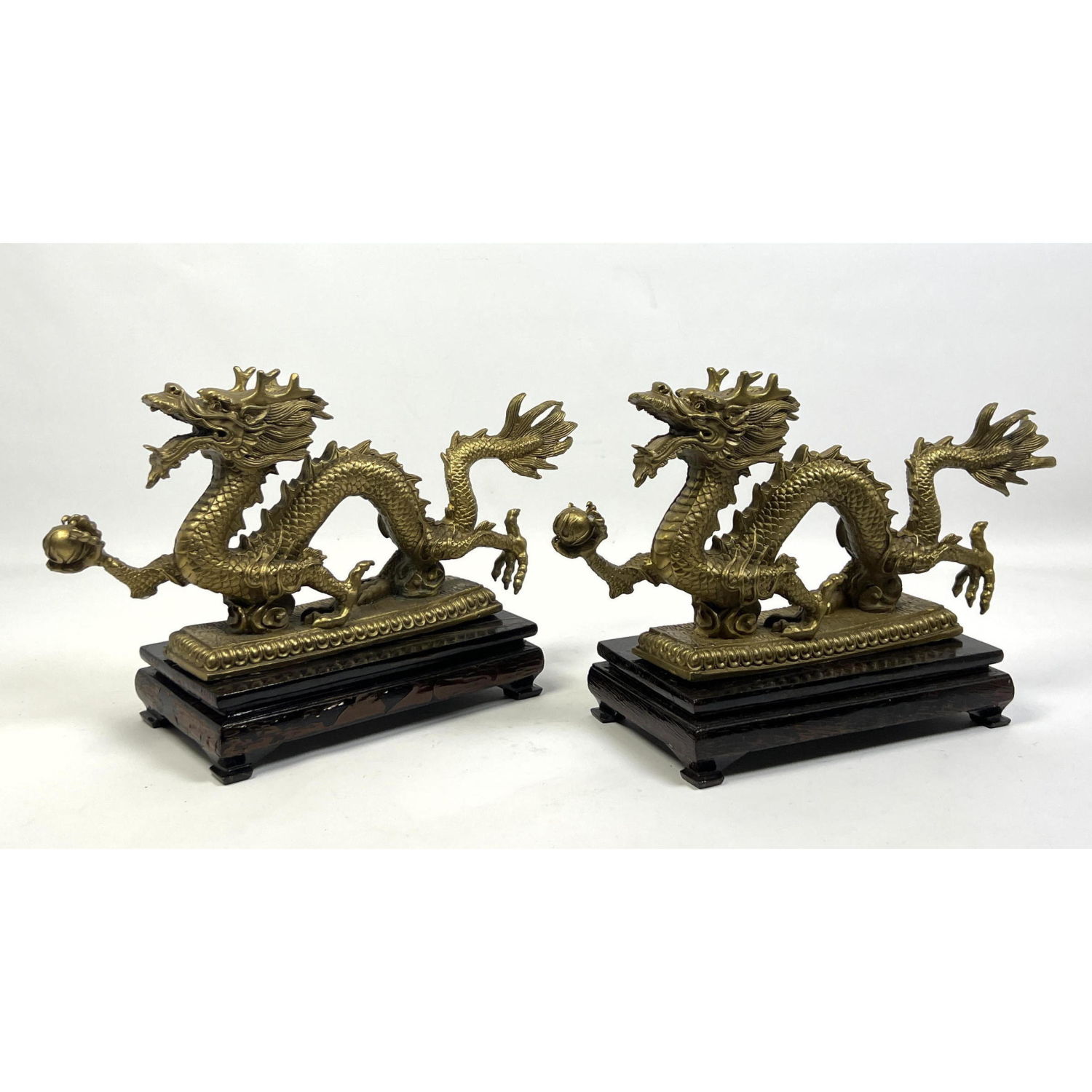 Appraisal: Pr Figural Brass Dragon Sculptures Wood Bases Dimensions H inches