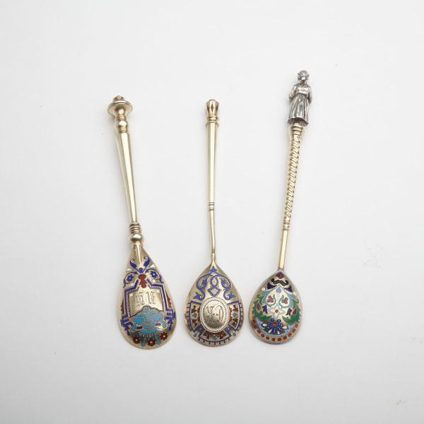 Appraisal: Three Russian Silver-Gilt and Champlev Enamel Spoons various makers late