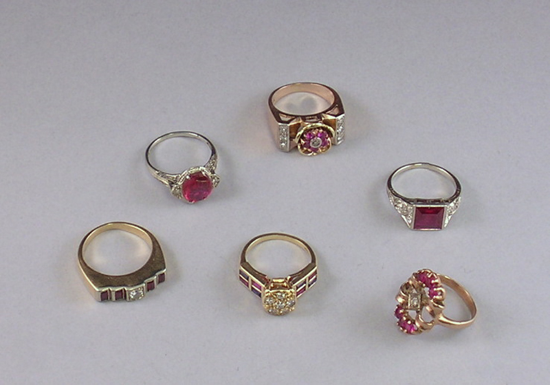 Appraisal: Six Gold Diamond and Red Gemstone Rings four in kt