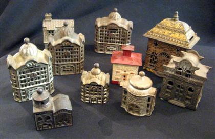 Appraisal: Group of cast-iron miniature coin bank buildings th century Comprising