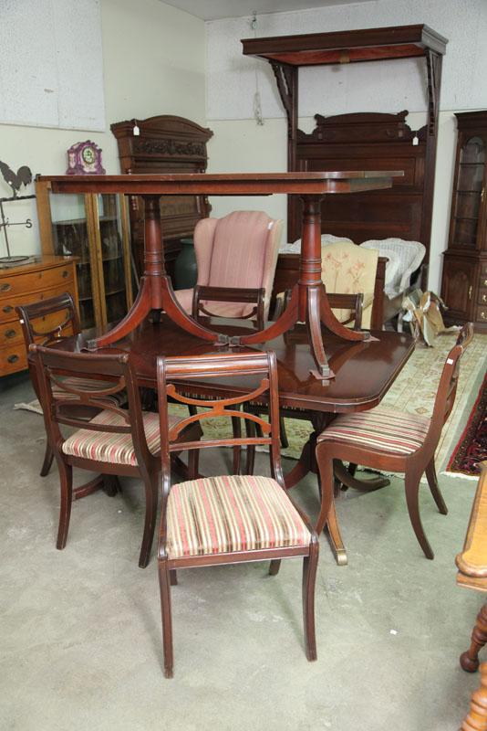 Appraisal: TWO DINING TABLES AND SIX CHAIRS Mahogany double pedastal tables